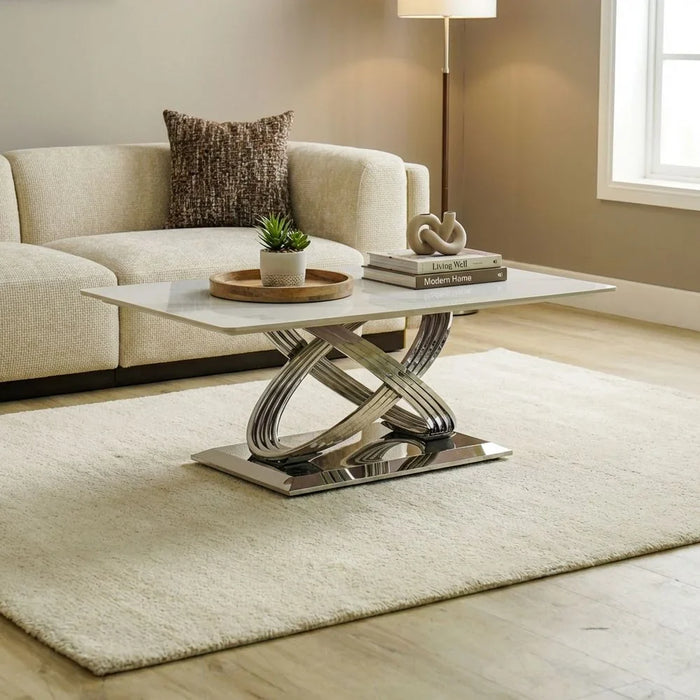 Orlando Sintered Stone Coffee Table | Multifunctional Living Room Table | Space Saving Center Table | Modern Design Furniture For Living Room -White/Silver