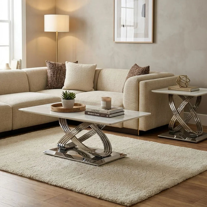Orlando Sintered Stone Coffee Table | Multifunctional Living Room Table | Space Saving Center Table | Modern Design Furniture For Living Room -White/Silver