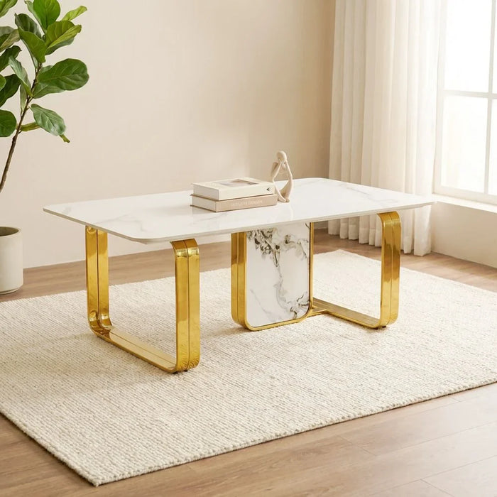 Orion Sintered Stone Coffee Table | Multifunctional Living Room Table | Space Saving Center Table | Modern Design Furniture For Living Room -White/Gold