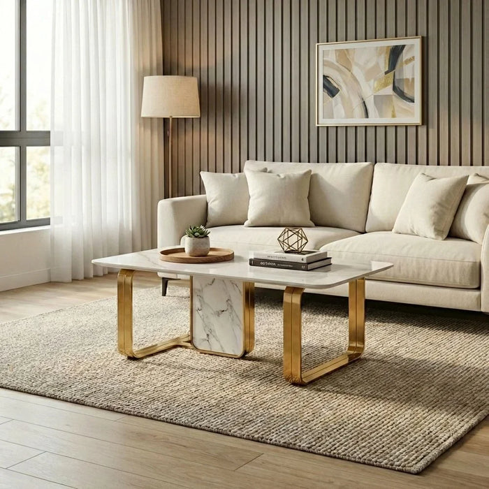 Orion Sintered Stone Coffee Table | Multifunctional Living Room Table | Space Saving Center Table | Modern Design Furniture For Living Room -White/Gold