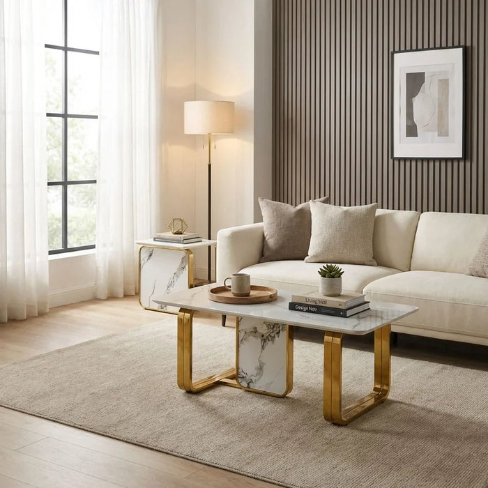 Orion Sintered Stone Coffee Table | Multifunctional Living Room Table | Space Saving Center Table | Modern Design Furniture For Living Room -White/Gold