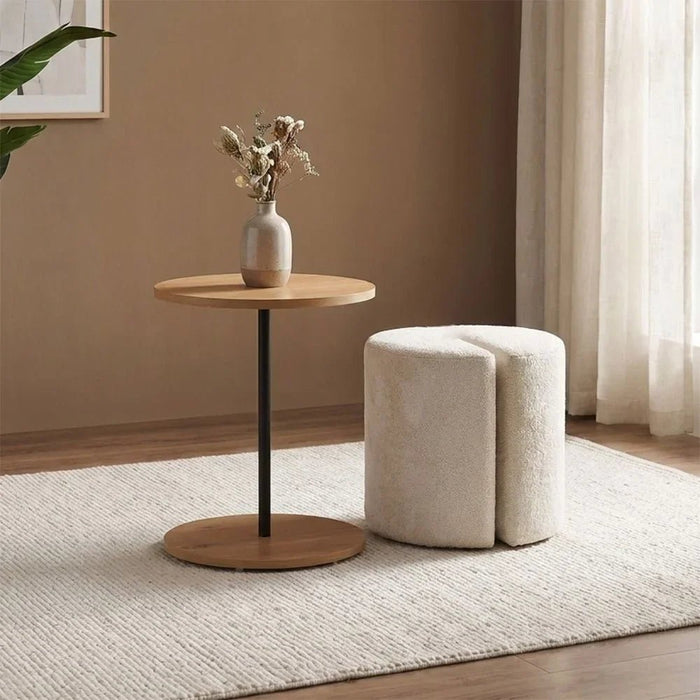 Telemark Round End Table With Stool | Multifunctional Living Room Table | Space Saving End Table | Modern Design Furniture For Livingroom L80xW80xH55cm-Oak /Beige