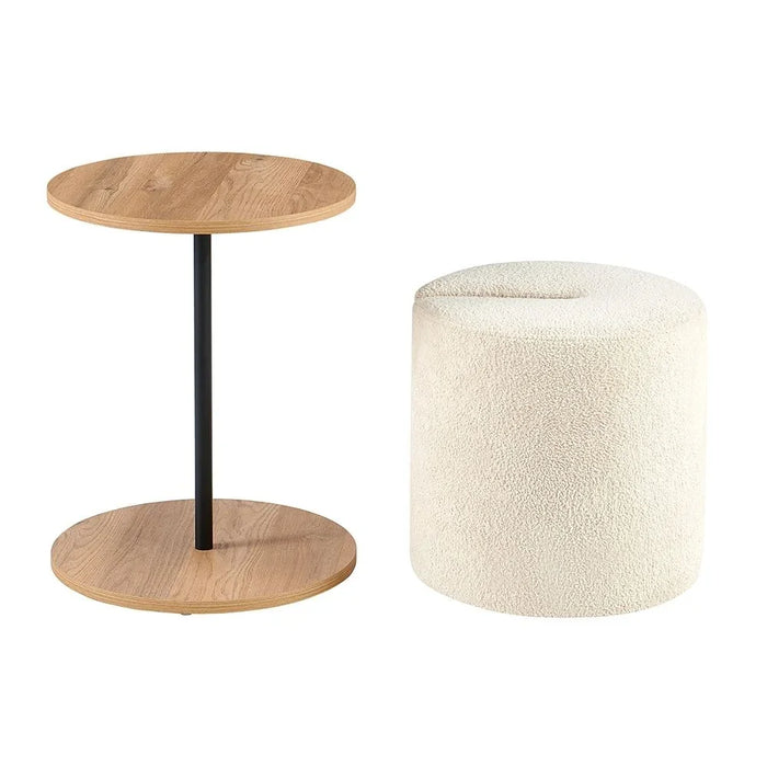 Telemark Round End Table With Stool | Multifunctional Living Room Table | Space Saving End Table | Modern Design Furniture For Livingroom L80xW80xH55cm-Oak /Beige