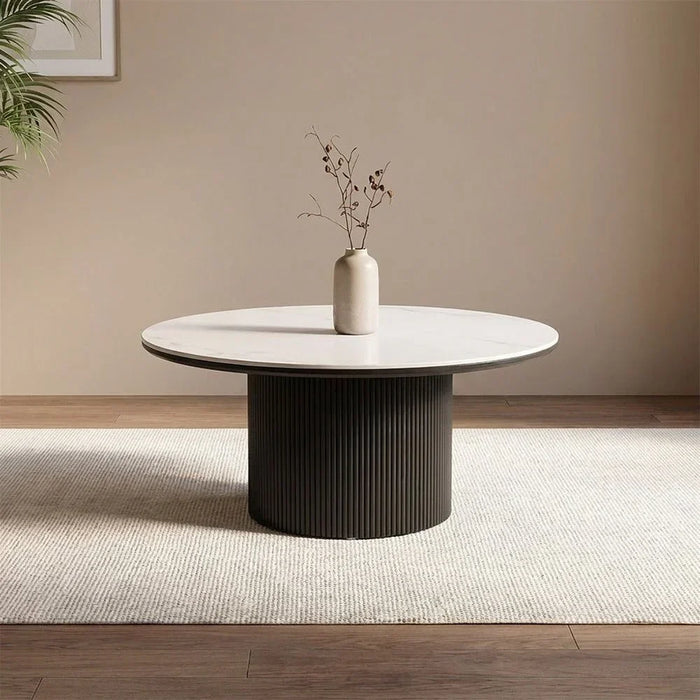 Finland Round Sintered Stone Coffee Table Set Of 2 | Multifunctional Living Room Table | Space Saving Center Table | Modern Design Furniture For Livingroom L90xW90xH40cm-White/Black