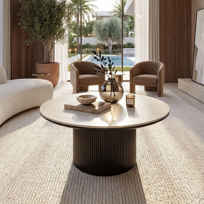 Finland Round Sintered Stone Coffee Table Set Of 2 | Multifunctional Living Room Table | Space Saving Center Table | Modern Design Furniture For Livingroom L90xW90xH40cm-White/Black
