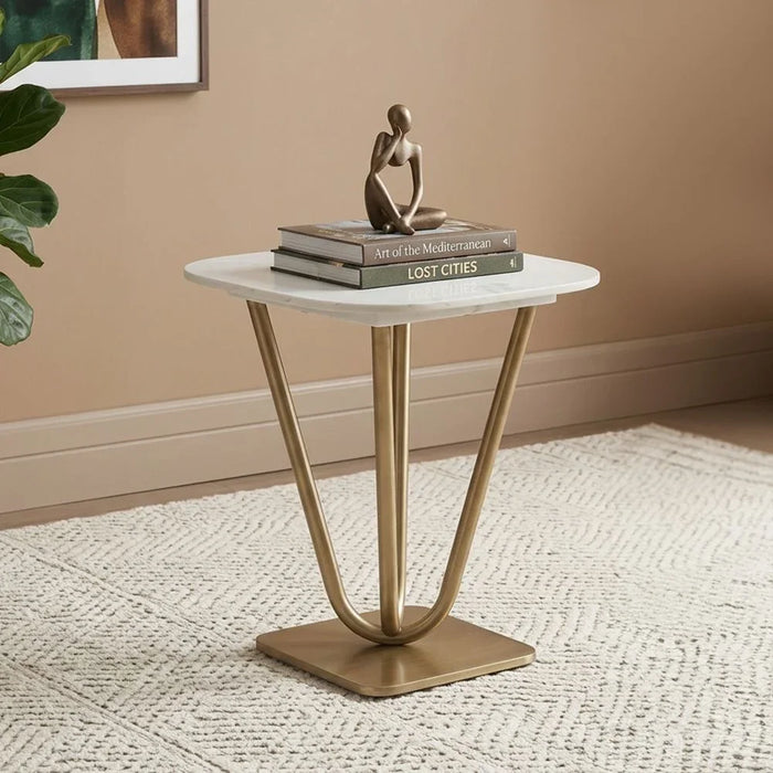 Dreamfield Stone Top End Table | Multifunctional Living Room Table | Space Saving End Table | Modern Design Furniture For Livingroom L50xW50xH55cm-White Marble/Brushed Gold