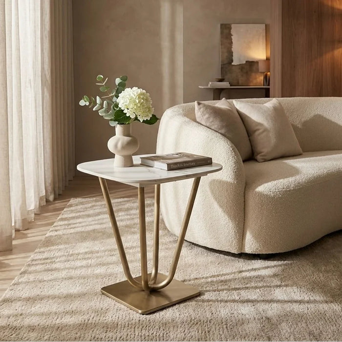 Dreamfield Stone Top End Table | Multifunctional Living Room Table | Space Saving End Table | Modern Design Furniture For Livingroom L50xW50xH55cm-White Marble/Brushed Gold