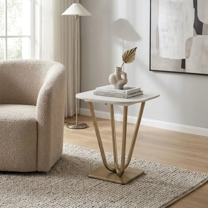 Dreamfield Stone Top End Table | Multifunctional Living Room Table | Space Saving End Table | Modern Design Furniture For Livingroom L50xW50xH55cm-White Marble/Brushed Gold