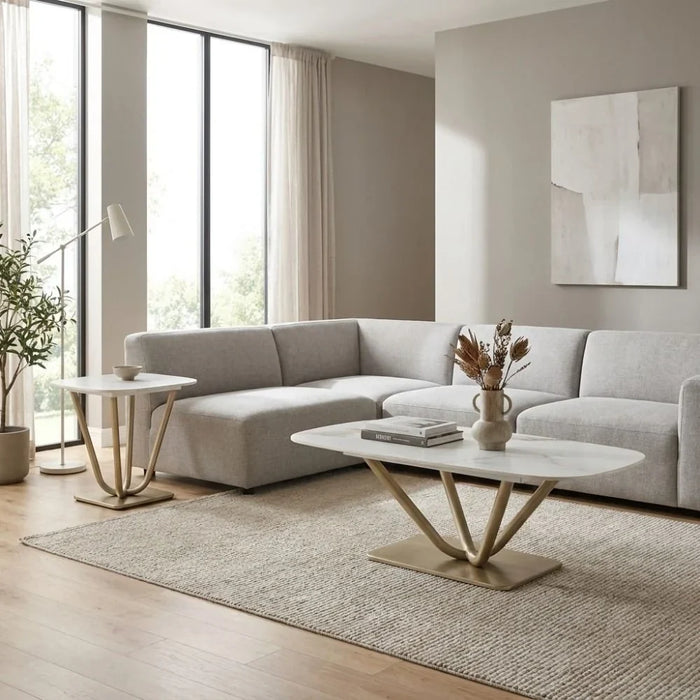 Dreamfield Stone Top Coffee Table | Multifunctional Living Room Table | Space Saving Center Table | Modern Design Furniture For Livingroom L120xW60xH45cm-White Marble/Brushed Gold