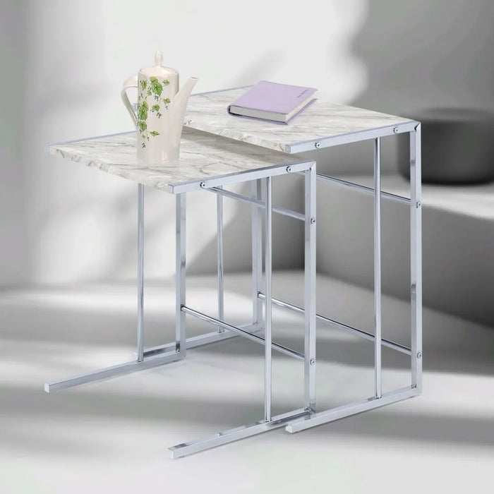 Cleveland Set Of 2 Nest Of Tables | Multifunctional Living Room Table | Space Saving End Table | Modern Design Furniture For Livingroom L49xW35xH57cm-White/Chrome