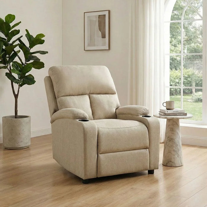 Mystic 1 Seater Fabric Pushback Recliner With Cup Holder | Accent Chair I Modern Design One Seat Sofas | Comfortable Living Room Furniture L 83 x W 93 x H 103 cm - Khaki