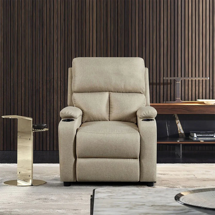 Mystic 1 Seater Fabric Pushback Recliner With Cup Holder | Accent Chair I Modern Design One Seat Sofas | Comfortable Living Room Furniture L 83 x W 93 x H 103 cm - Khaki