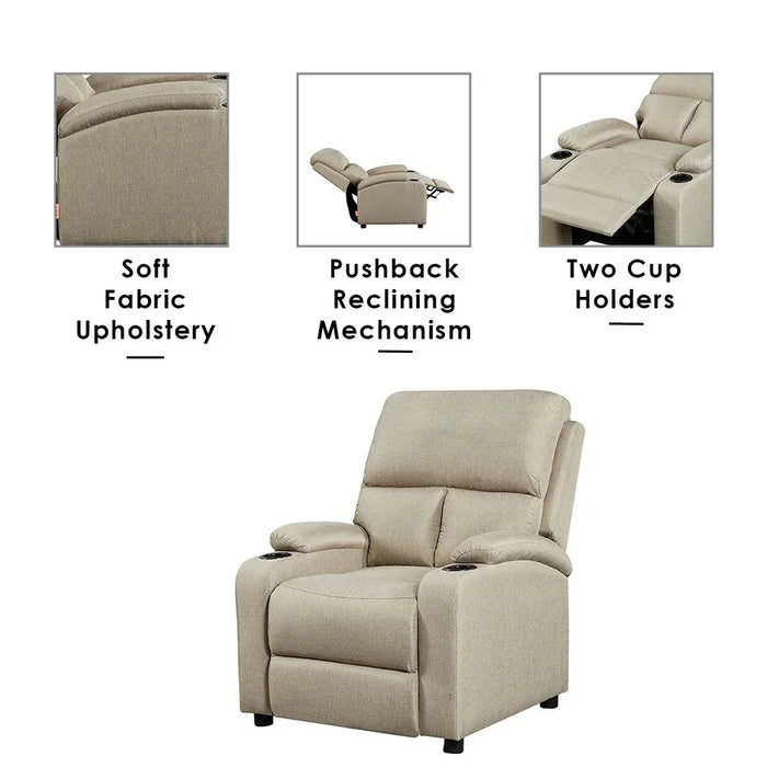 Mystic 1 Seater Fabric Pushback Recliner With Cup Holder | Accent Chair I Modern Design One Seat Sofas | Comfortable Living Room Furniture L 83 x W 93 x H 103 cm - Khaki