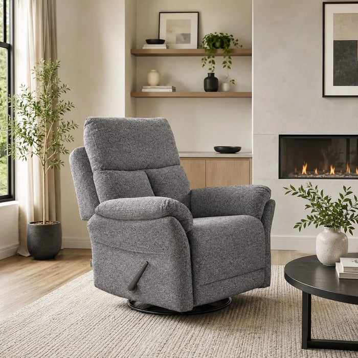 Luxury Ezmir Manual Fabric Recliner With Glider & Swivel, Comfortable Upholstered Chair, Modern Living Room Furniture For Relaxation & Stylish Interior  – Grey