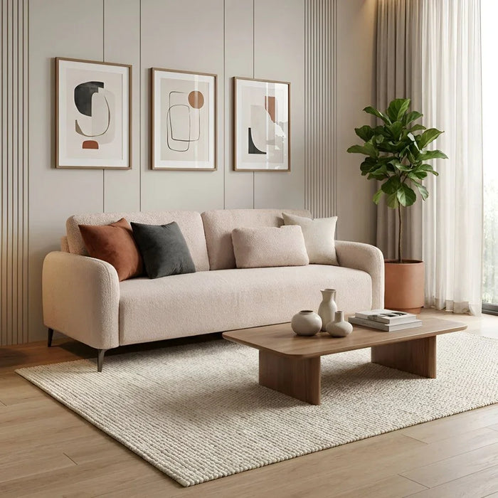 Younes 3 Seater Fabric Sofa | Modern Design Three Seat Sofas | Comfortable Living Room Furniture L209xW87xH84cm - Beige