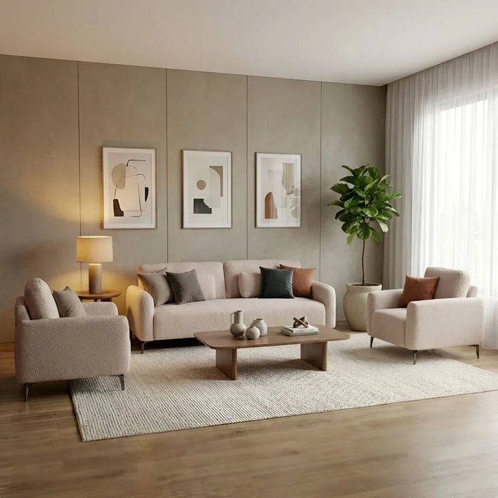 Younes 3 Seater Fabric Sofa | Modern Design Three Seat Sofas | Comfortable Living Room Furniture L209xW87xH84cm - Beige