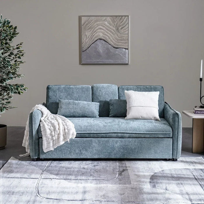 Thiero Fabric Pull Out Sofa Bed with Drop Down Table + 2 Cup Holders  | Convertible Sleeping Sofabed | Comfortable Living Room Furniture L180xW88xH85cm - Teal