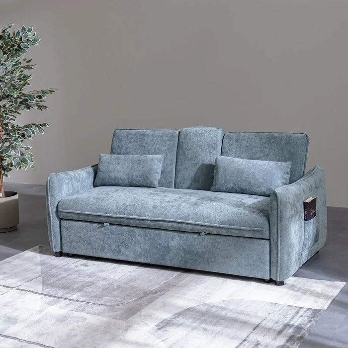 Thiero Fabric Pull Out Sofa Bed with Drop Down Table + 2 Cup Holders  | Convertible Sleeping Sofabed | Comfortable Living Room Furniture L180xW88xH85cm - Teal