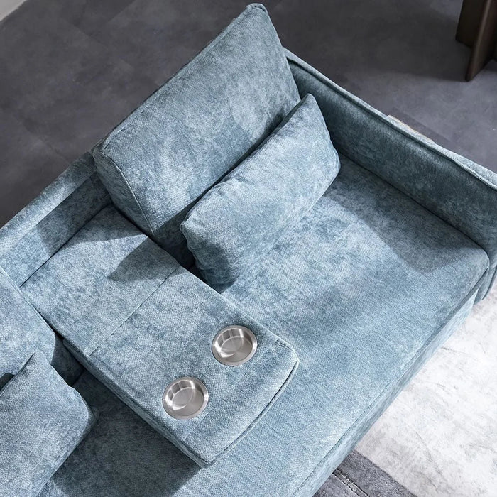 Thiero Fabric Pull Out Sofa Bed with Drop Down Table + 2 Cup Holders  | Convertible Sleeping Sofabed | Comfortable Living Room Furniture L180xW88xH85cm - Teal
