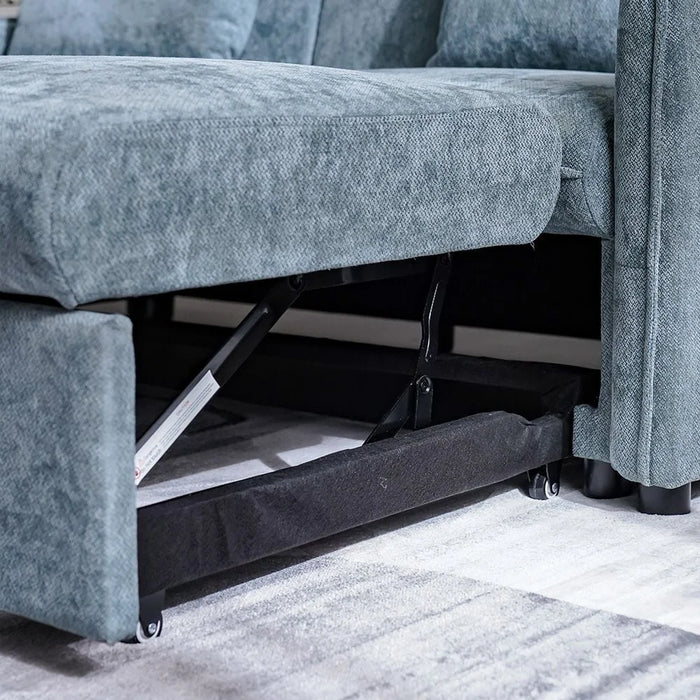 Thiero Fabric Pull Out Sofa Bed with Drop Down Table + 2 Cup Holders  | Convertible Sleeping Sofabed | Comfortable Living Room Furniture L180xW88xH85cm - Teal