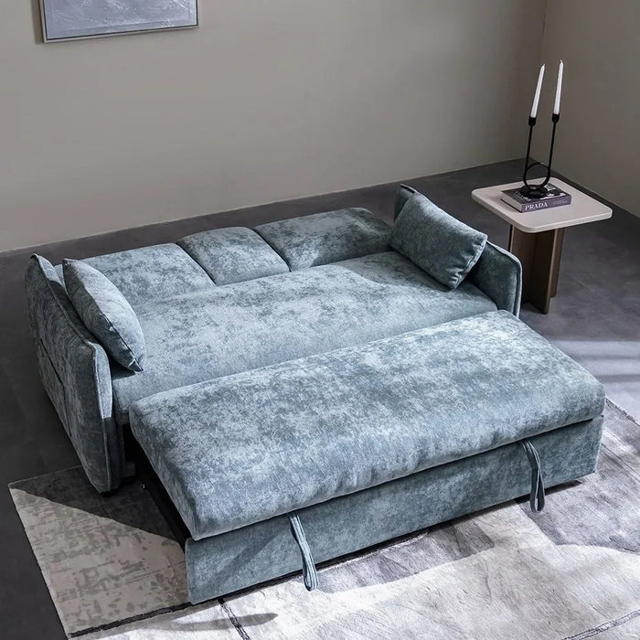 Thiero Fabric Pull Out Sofa Bed with Drop Down Table + 2 Cup Holders  | Convertible Sleeping Sofabed | Comfortable Living Room Furniture L180xW88xH85cm - Teal