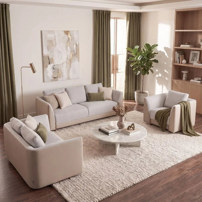 Averie 3 Seater Fabric/Faux Leather Sofa | Modern Design Three Seat Sofas | Comfortable Living Room Furniture L230xW98xH73.5cm - Camel/Beige