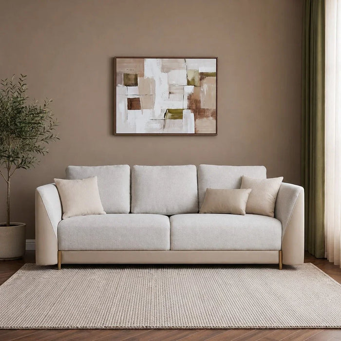 Averie 3 Seater Fabric/Faux Leather Sofa | Modern Design Three Seat Sofas | Comfortable Living Room Furniture L230xW98xH73.5cm - Camel/Beige