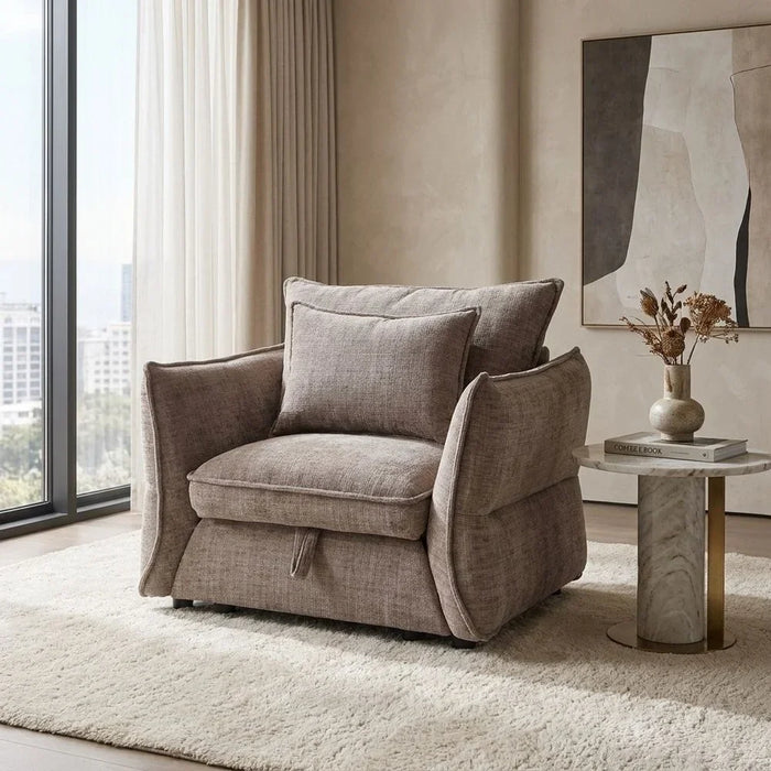 Aulus 1 Seater Fabric Sofa With Storage | Armchair | Modern Design Single Seater Accent Chair | Comfortable Living Room Furniture L106xW88xH90cm - Choco