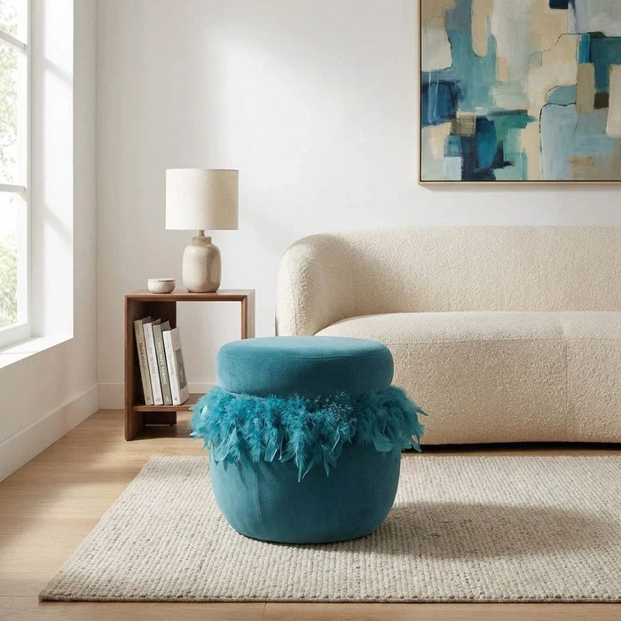 Conde Pouf With Feather Blue 40x40x41cm