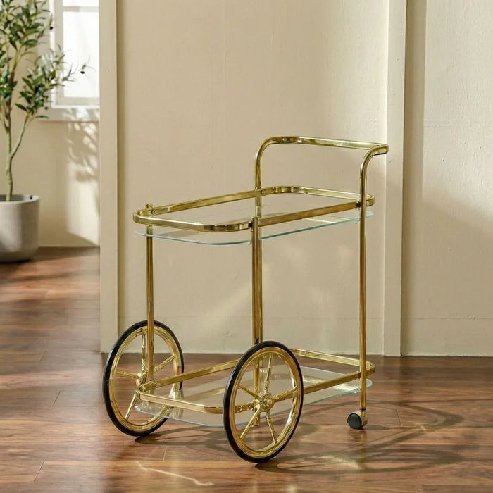 Raven 2 Tier Serving Trolley | Kitchen Trolley | Easy To Use Rolling Cart | Modern Design Serving Cart For Dining Room Kitchen L68xW44xH72cm Gold/Black/Clear