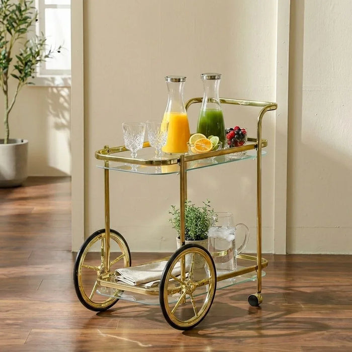 Raven 2 Tier Serving Trolley | Kitchen Trolley | Easy To Use Rolling Cart | Modern Design Serving Cart For Dining Room Kitchen L68xW44xH72cm Gold/Black/Clear