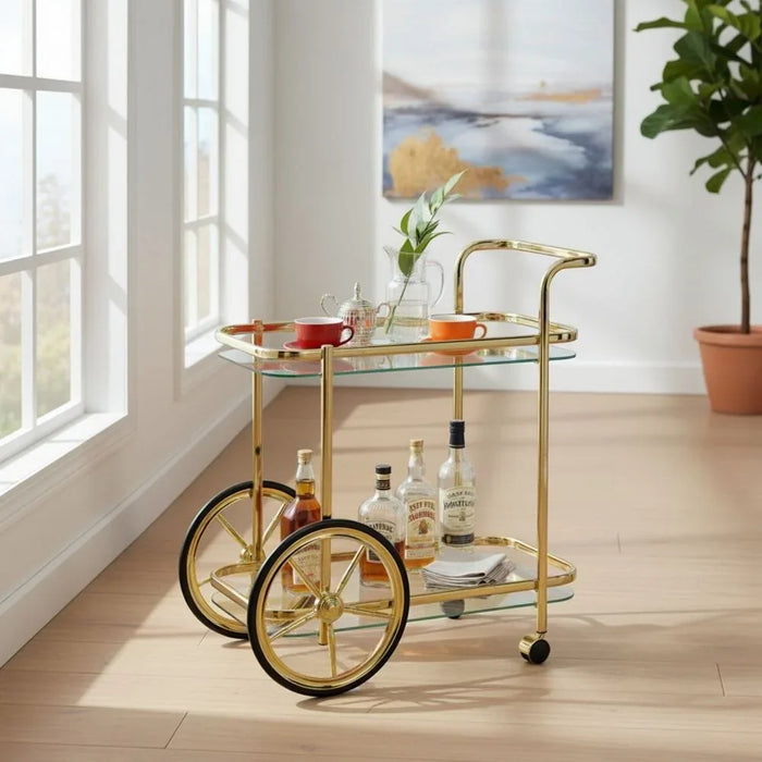 Raven 2 Tier Serving Trolley | Kitchen Trolley | Easy To Use Rolling Cart | Modern Design Serving Cart For Dining Room Kitchen L68xW44xH72cm Gold/Black/Clear