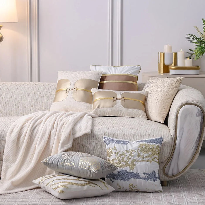 Danube Home Gleam Embroidered Cushion Cover - White/Gold - 45x45 cm | Polyester Decorative Lightweight Throw Pillow For Sofas, Couches, Beds For Living Room