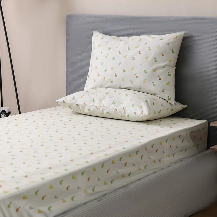 Dreamz Dino Cotton Digital Printed Fitted Sheet with Pillow Case - 120x200+25 cm | Soft, Colorful Bedding For Kids | Durable, Easy Care, Fun Dino Design