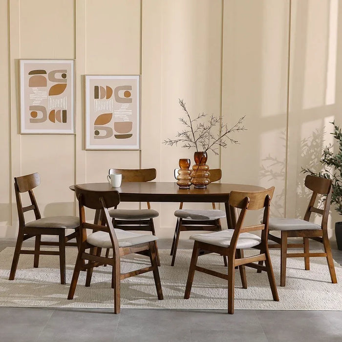 Acton 7-Piece Oval Dining Set | Sturdy Kitchen Dining Table With 6 Dining Chairs | 1+6 Seater Solid Wood Modern Design Furniture For Home Dining Room - Walnut Beige