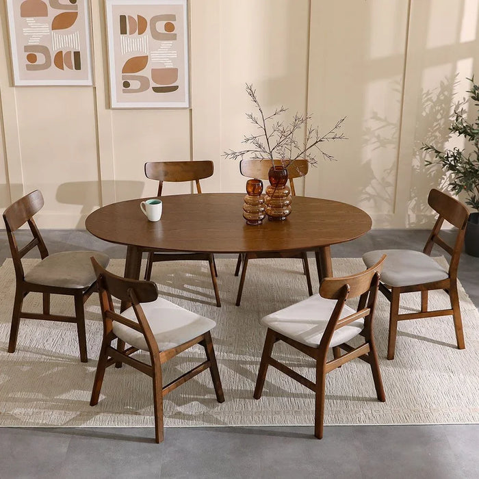 Acton 7-Piece Oval Dining Set | Sturdy Kitchen Dining Table With 6 Dining Chairs | 1+6 Seater Solid Wood Modern Design Furniture For Home Dining Room - Walnut Beige