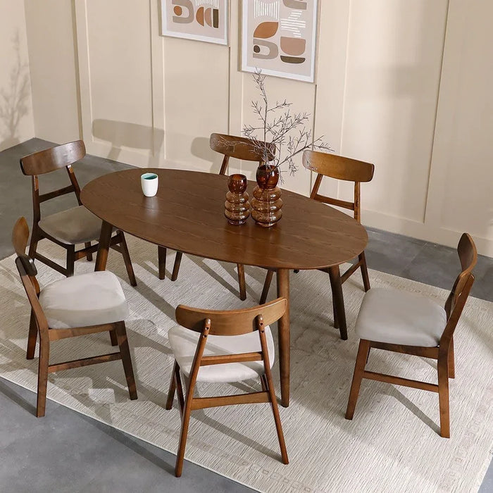 Acton 7-Piece Oval Dining Set | Sturdy Kitchen Dining Table With 6 Dining Chairs | 1+6 Seater Solid Wood Modern Design Furniture For Home Dining Room - Walnut Beige