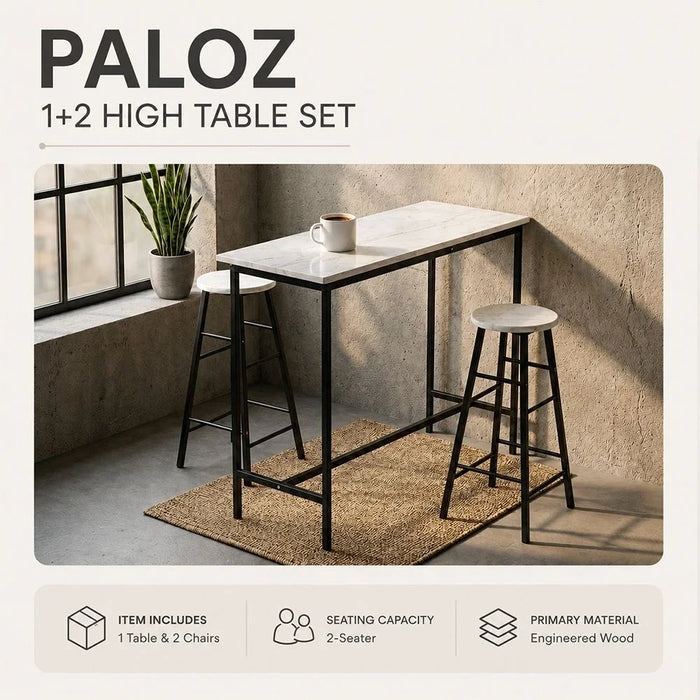 Paloz 1+2 High Table Set - Modern White/Black Dining Room Furniture, 2-Seater Dining Set with Engineered Wood & Metal, Ideal for Small Spaces