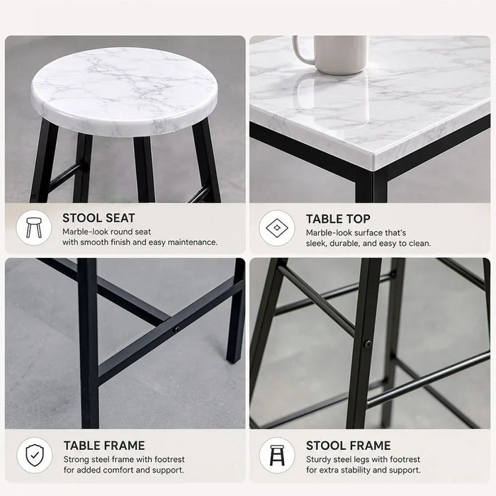 Paloz 1+2 High Table Set - Modern White/Black Dining Room Furniture, 2-Seater Dining Set with Engineered Wood & Metal, Ideal for Small Spaces