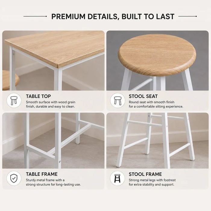 Paloz 1+2 High Dining Table Set - Stylish Sonoma Oak/White Finish, Ideal for Small Spaces, Engineered Wood & Metal, 2-Seater Dining Room Furniture