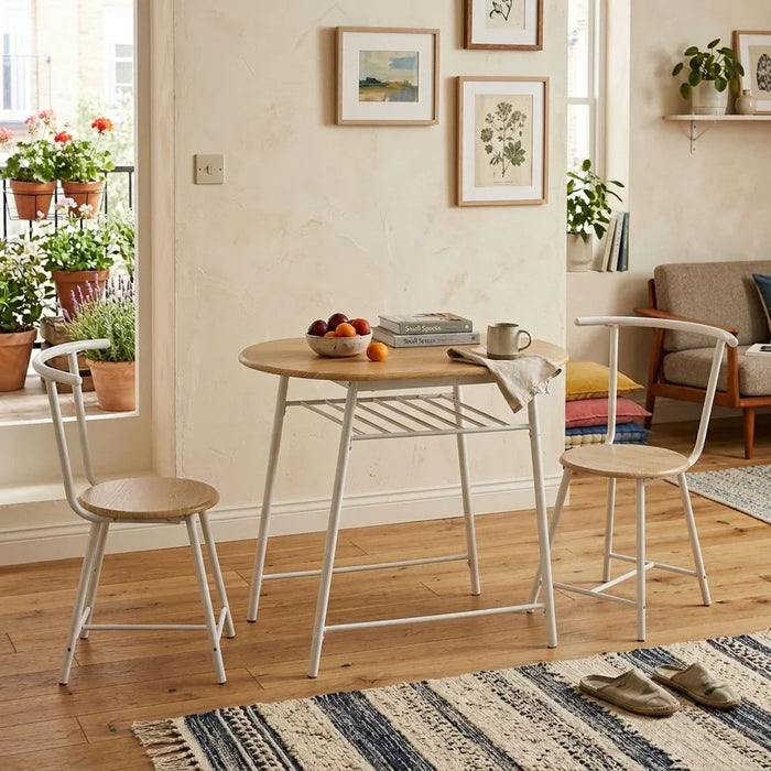 Alyaz 1+2 Dining Set - Stylish Sonoma Oak/White Dining Room Furniture, 2-Seater Table & Chairs, Engineered Wood with Metal Legs, Ideal for Small Spaces