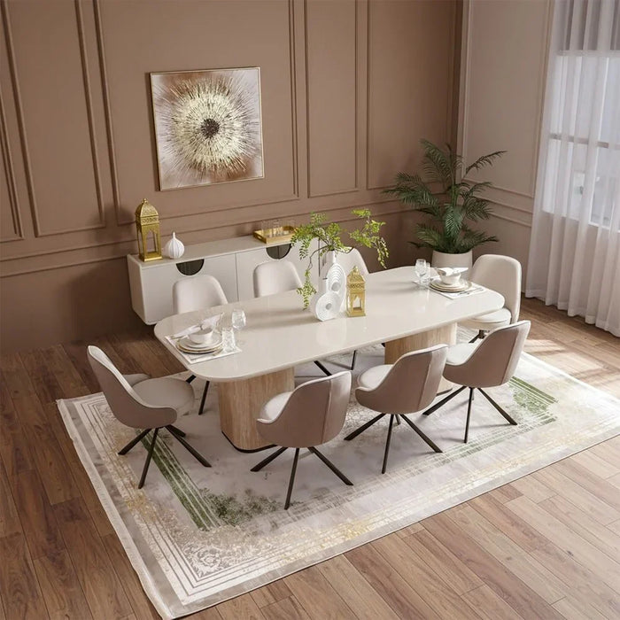 Oru 1+8 Tempered Glass Dining Set - Cream/Beige, 8-Seater Dining Room Furniture, Engineered Wood & Metal, Stylish Dining Table with 8 Chairs