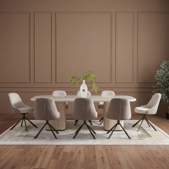 Oru 1+8 Tempered Glass Dining Set - Cream/Beige, 8-Seater Dining Room Furniture, Engineered Wood & Metal, Stylish Dining Table with 8 Chairs