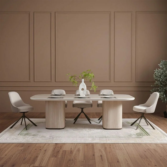 Oru 1+8 Tempered Glass Dining Set - Cream/Beige, 8-Seater Dining Room Furniture, Engineered Wood & Metal, Stylish Dining Table with 8 Chairs