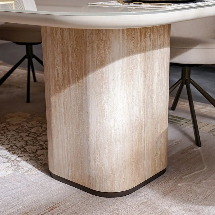 Oru 1+8 Tempered Glass Dining Set - Cream/Beige, 8-Seater Dining Room Furniture, Engineered Wood & Metal, Stylish Dining Table with 8 Chairs