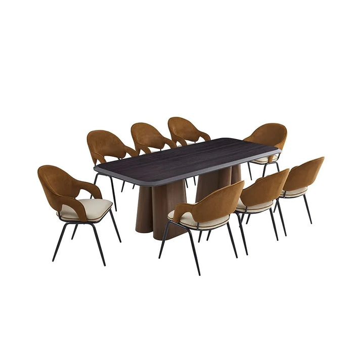 Kumo 1+8 Seater Dining Set 9-Piece Comfortable Dining Set | Kitchen Dining Table With 8 Dining Chairs | Modern Design Furniture For Dining Room - Grey/Walnut Veneer
