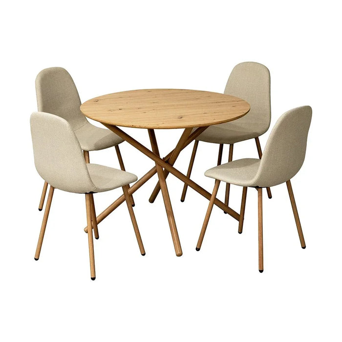 Eubank 1+4 Round Dining Set 5-Piece Comfortable Dining Set | Kitchen Dining Table With 4 Dining Chairs | Modern Design Furniture For Dining Room - Natural Oak/Beige