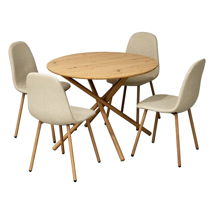 Eubank 1+4 Round Dining Set 5-Piece Comfortable Dining Set | Kitchen Dining Table With 4 Dining Chairs | Modern Design Furniture For Dining Room - Natural Oak/Beige