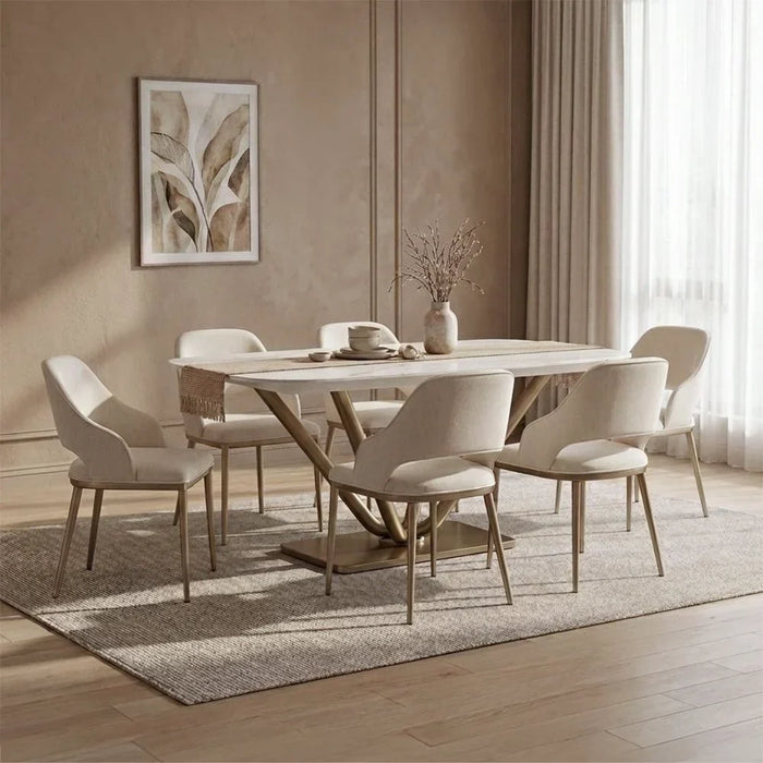 Dreamfield 1+6 Stone Top Dining Set | 7-Piece Comfortable Dining Set | Kitchen Dining Table With 6 Dining Chairs | Modern Design Furniture For Dining Room - White Marble/Brushed Gold