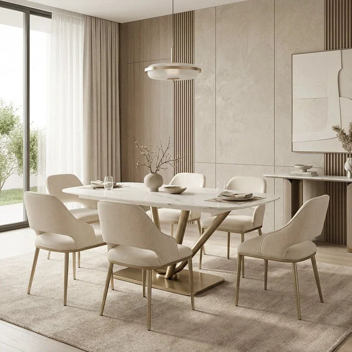 Dreamfield 1+6 Stone Top Dining Set | 7-Piece Comfortable Dining Set | Kitchen Dining Table With 6 Dining Chairs | Modern Design Furniture For Dining Room - White Marble/Brushed Gold